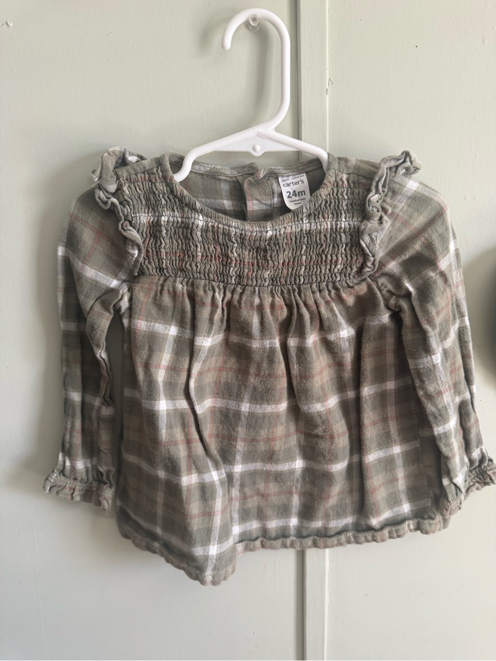 Carter's Olive Plaid Smocked Long Sleeve Top